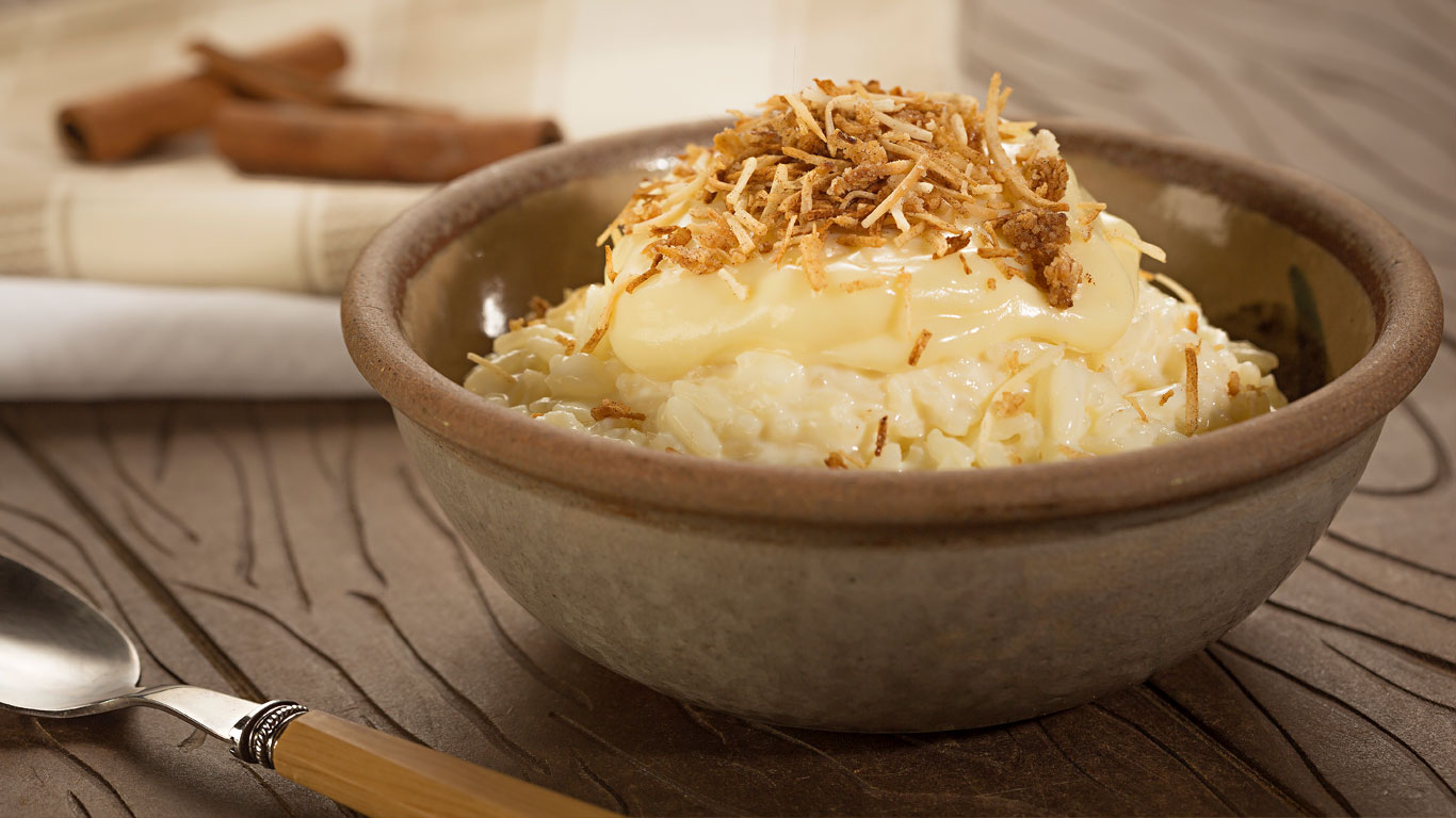 Arroz Doce com Ganache e Crocante de Coco